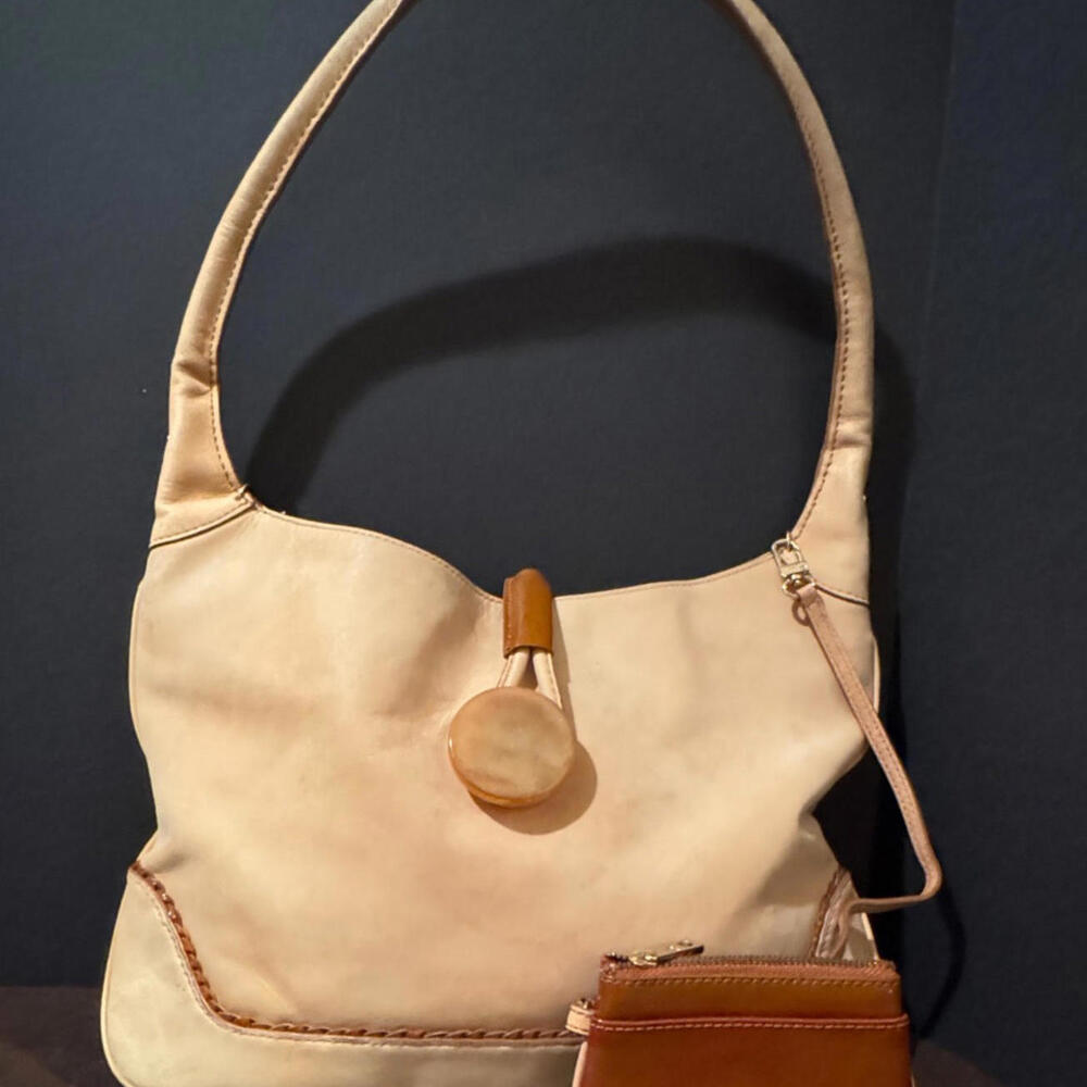 Vintage Tre Vero Smooth Nubuck Handbag Beige small wallet attached 12  x 13 - Picture 4 of 9